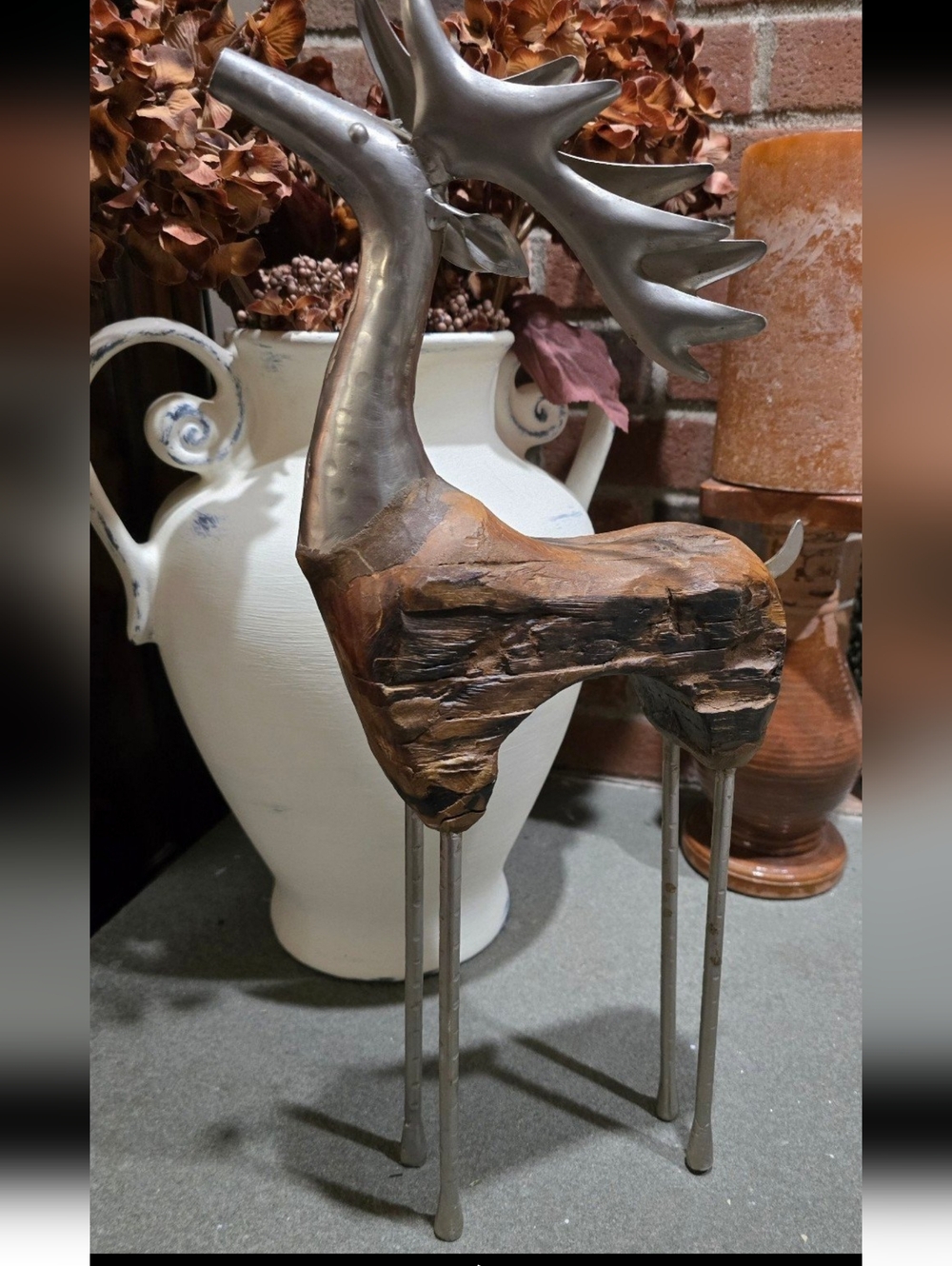 Pottery Barn Large Rustic Carved Wood and Hammered Metal Reindeer